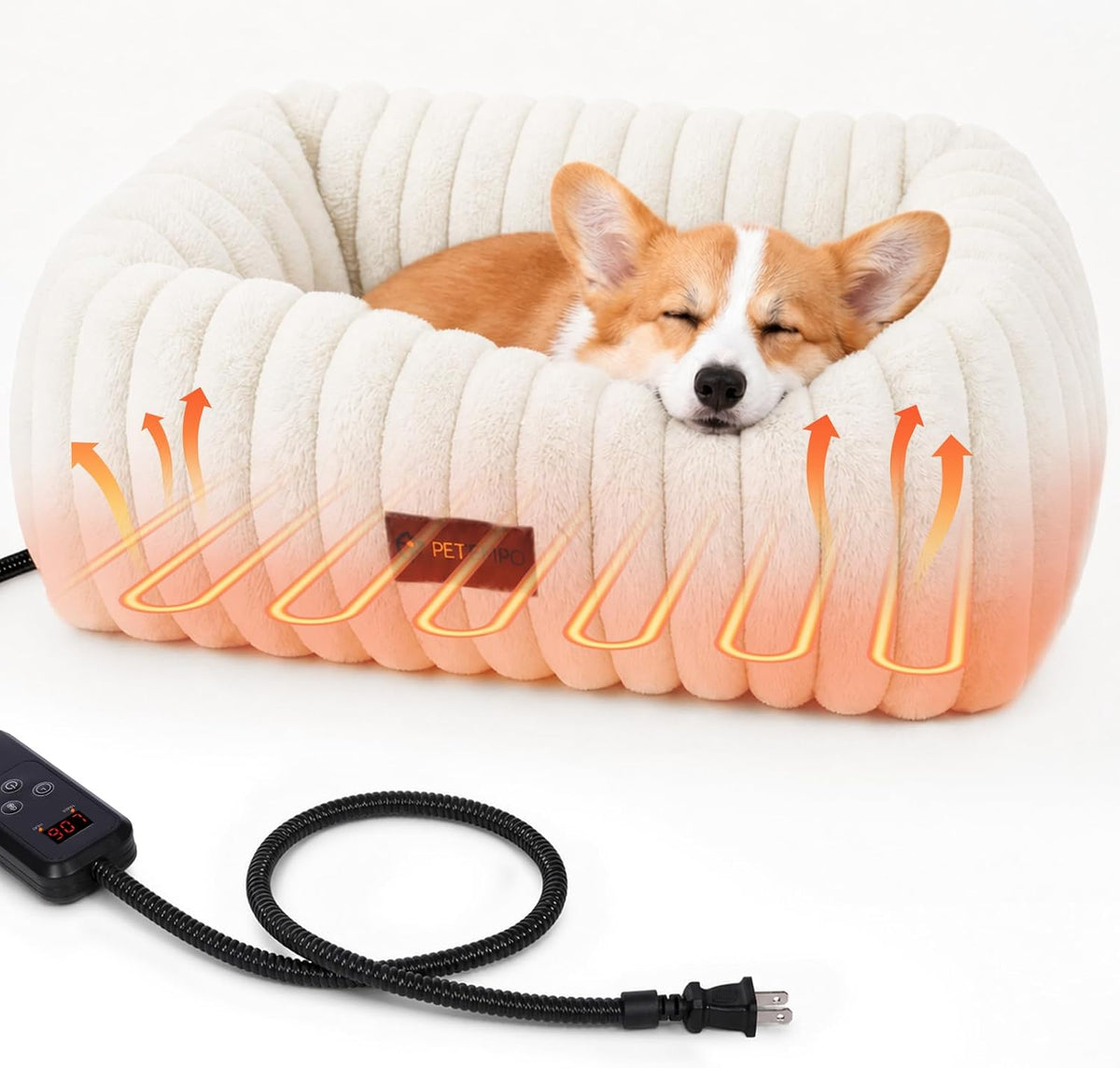 Heated Cat Bed Indoor, 6 Temp & 6 Timer, Removable Washable Cover, Brown, S
