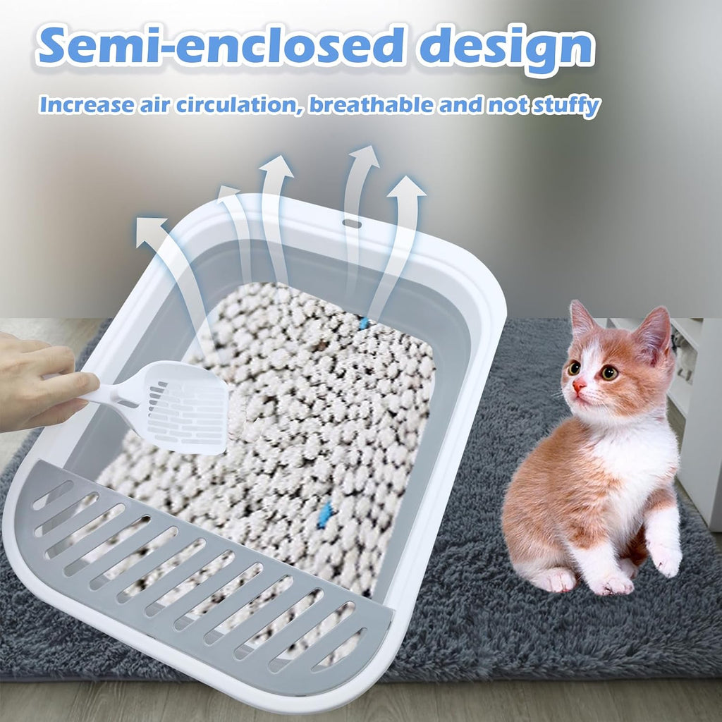 Collapsible Small Cat Litter Box,Open Top Cats Litter Pan with Scoop Waterproof & Foldable Kitten Potty Toilet Anti-Splashing Low Entry Kitty Travel Litter Tray Semi-Enclosed Easy Clean(Gray)