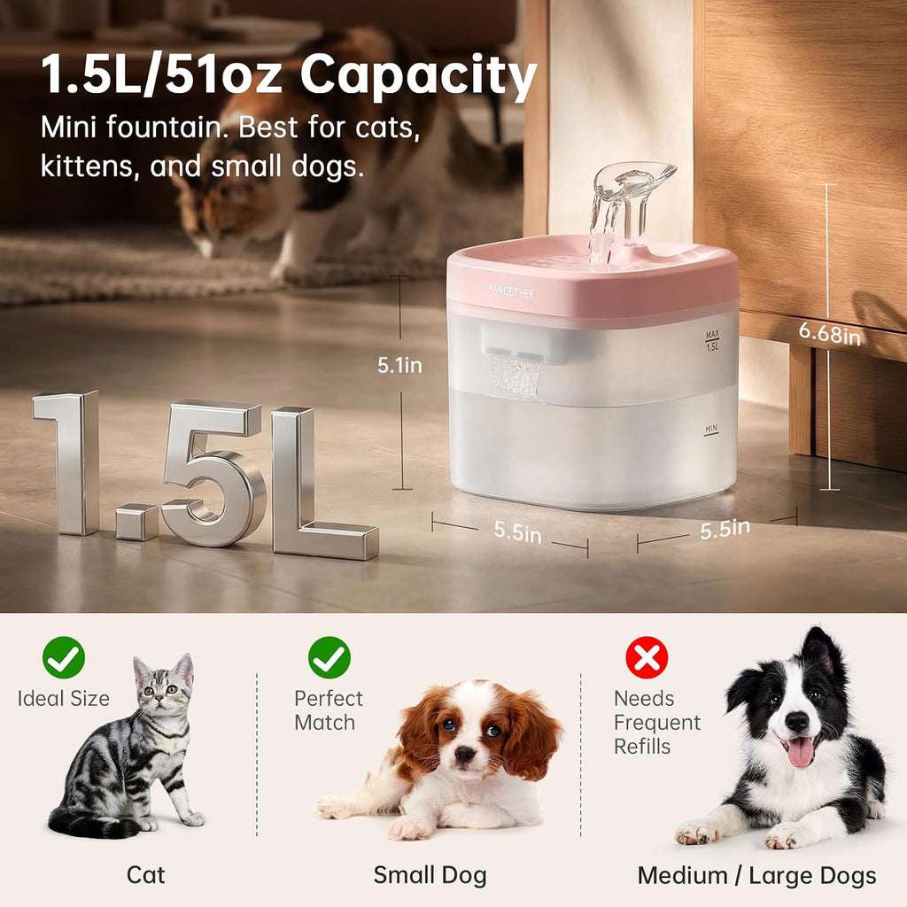 PAWGETHER® Cat Water Fountain with Magnetic Pump 51oz/1.5L Dog Water Fountain, Ultra Quiet Automatic Pet Water Fountain Portable Indoor Outdoor Travel Small Dog Water Dispenser with Adapter Pink