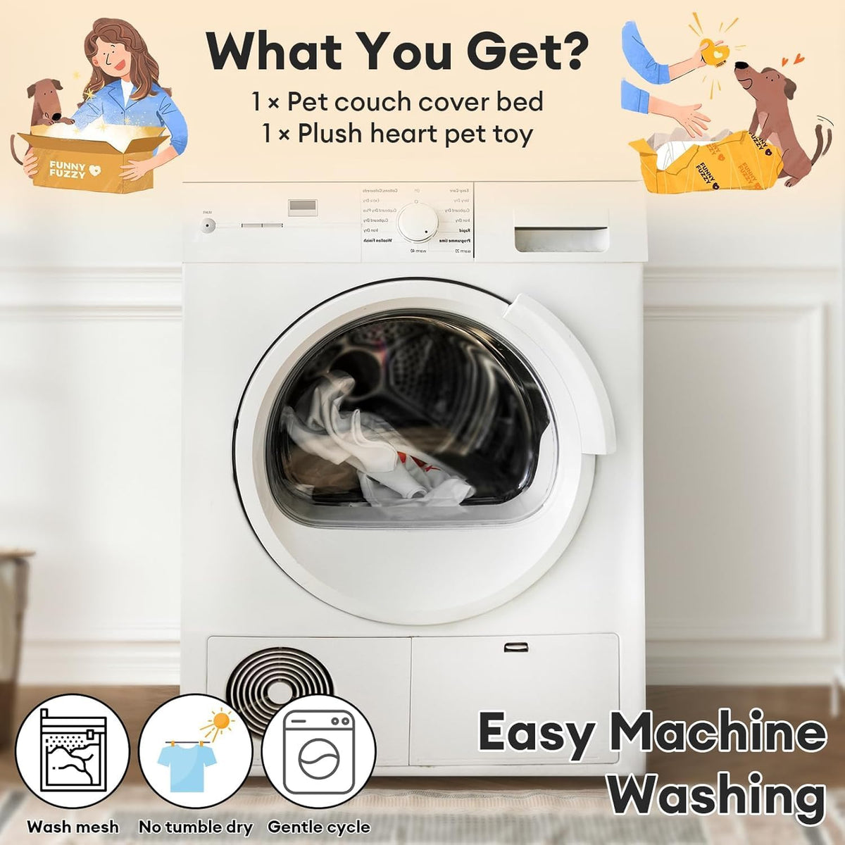 FUNNY FUZZY Dog Couch Bed, Calming Luxurious Pet Sofa Bed Cover Washable