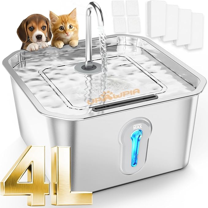 4L/135oz Large Cat Water Fountain Stainless Steel by UPAWPIA
