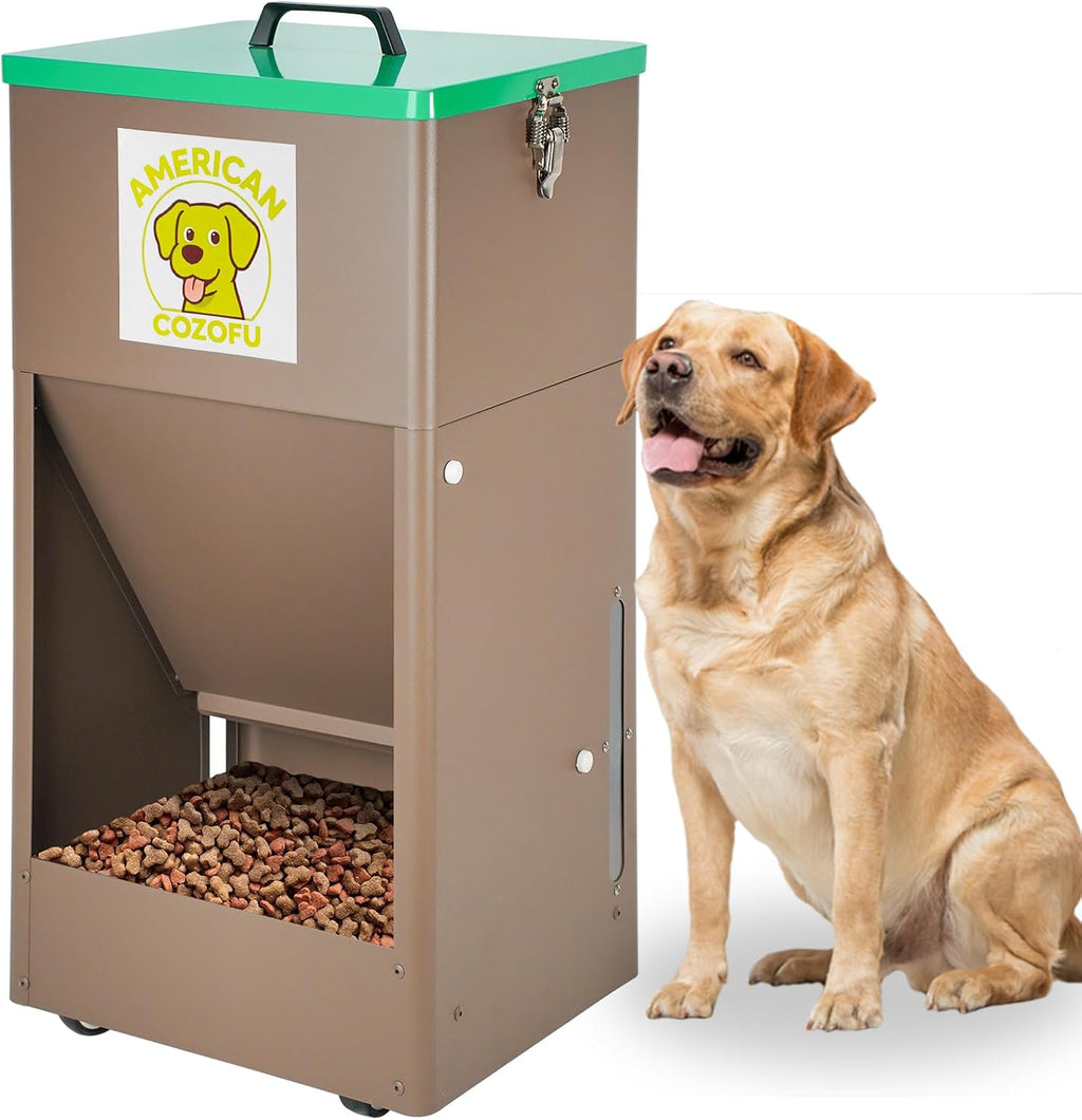 Automatic Dog Feeder with Wheels, 25lb Heavy Duty Galvanized Steel Gravity Food Dispenser - Easy to Move Rolling Pet Food Station for Indoor & Outdoor Use