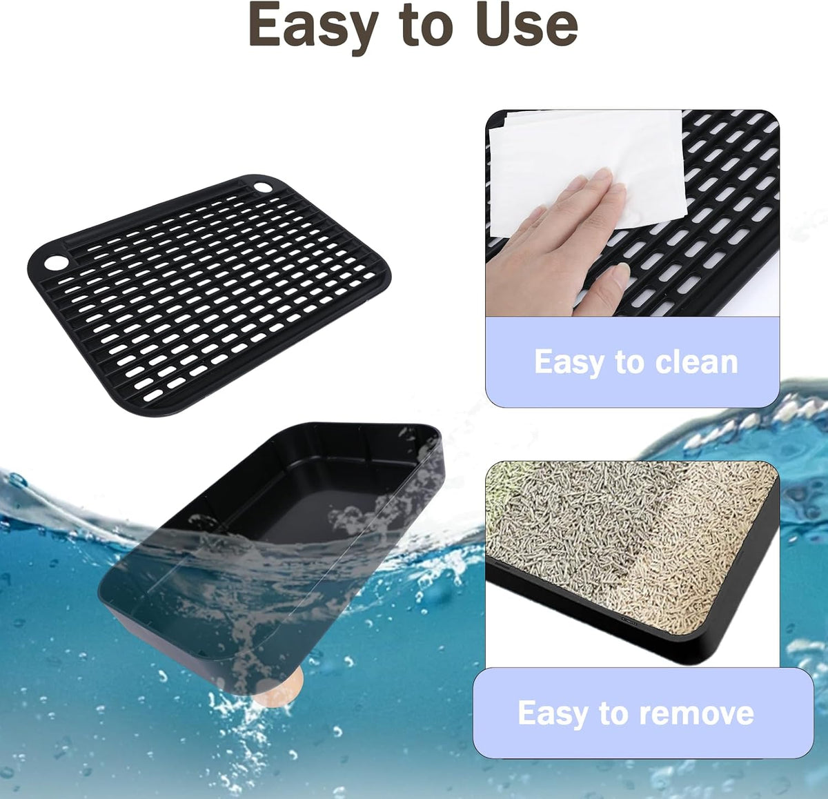 Litter Box Step, Litter Box Ramp/Catcher with Wooden Base，Pet Step Stool for Filter Function, Easy to Clean,Ideal for Kitten/Elderly Cats(Black)