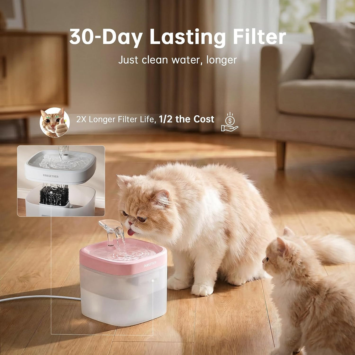 PAWGETHER® Cat Water Fountain with Magnetic Pump 51oz/1.5L Dog Water Fountain, Ultra Quiet Automatic Pet Water Fountain Portable Indoor Outdoor Travel Small Dog Water Dispenser with Adapter Pink