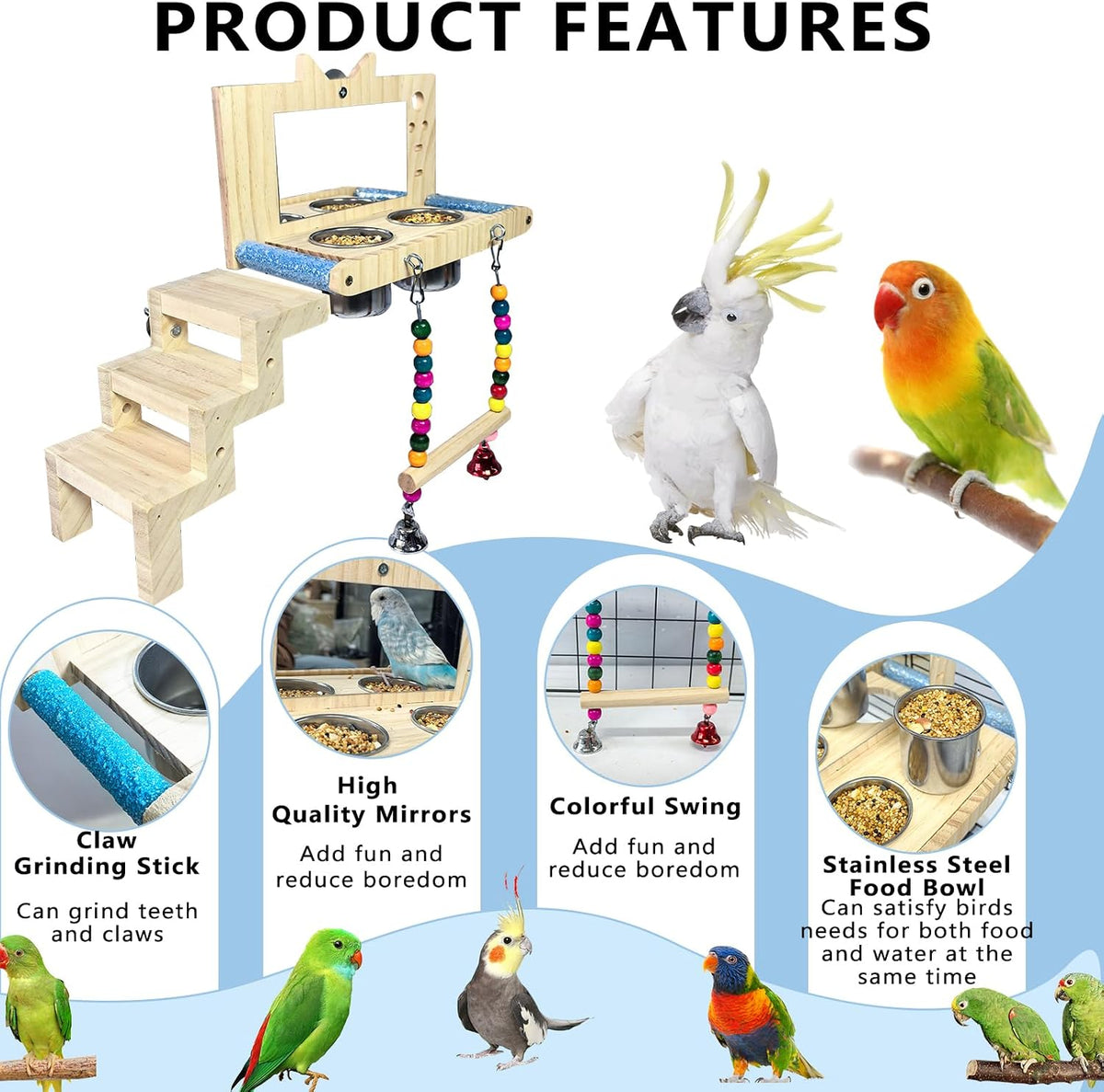 Bird Perch Platform Swing with Mirror Ladder Bowl,Parrot Play Gym Cage Toys