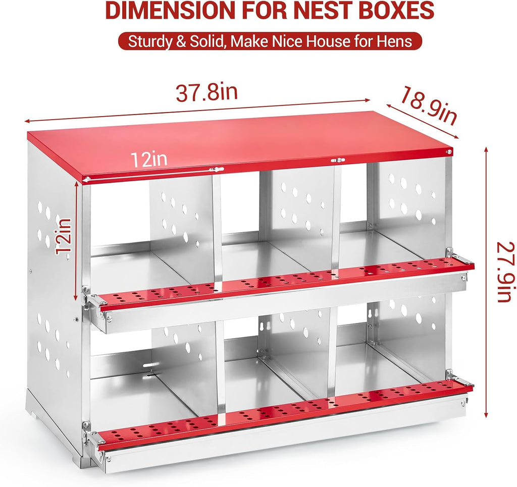 GarveeLife Chicken Nesting Box Metal with Swing Perch and Roll Out Egg Collection, 6 Compartments Egg Laying Box for Hens Chickens Ducks, Vented & Easy Clean for Coop