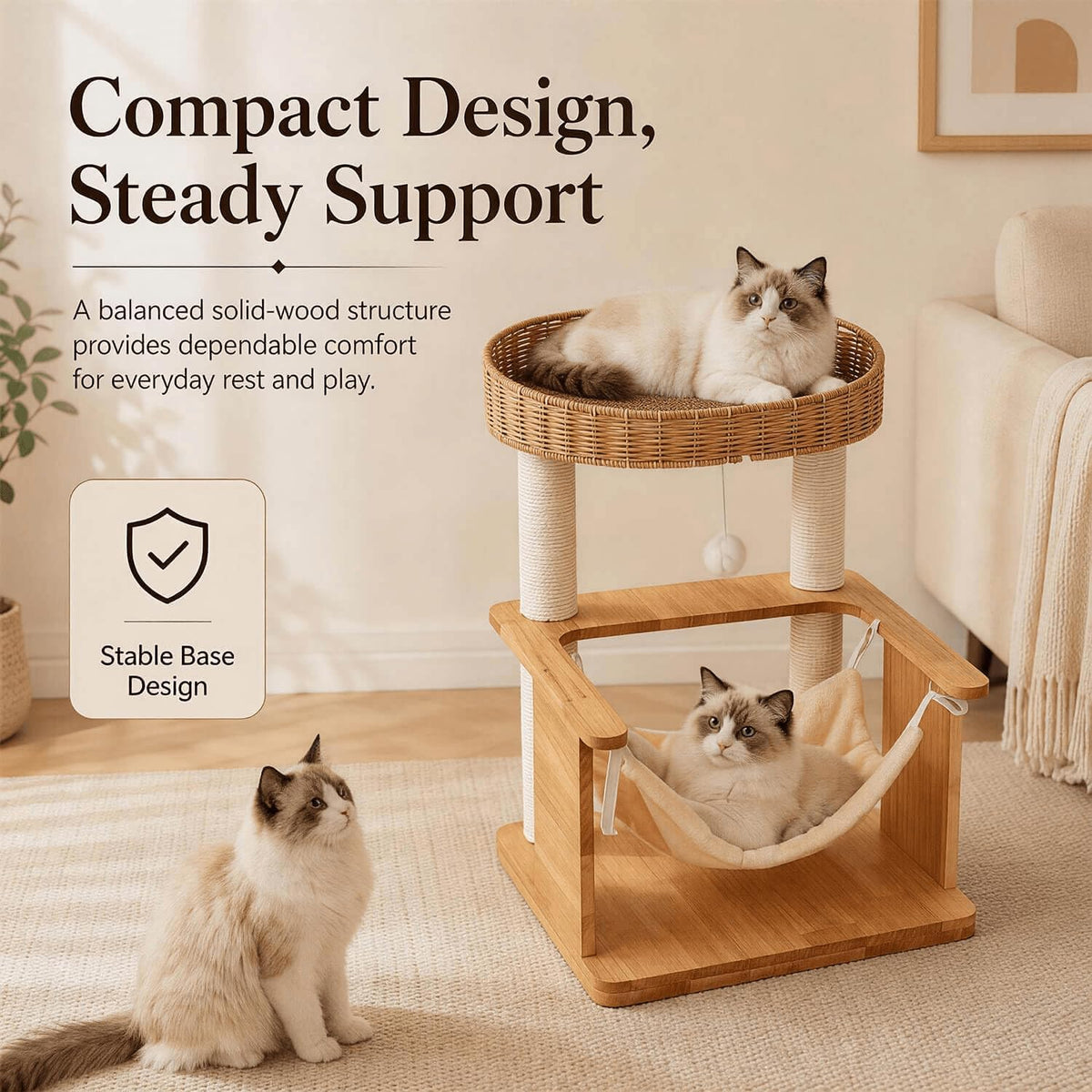 Solid Wood Cat Tree for Indoor Cats,28in Compact Cat Tower