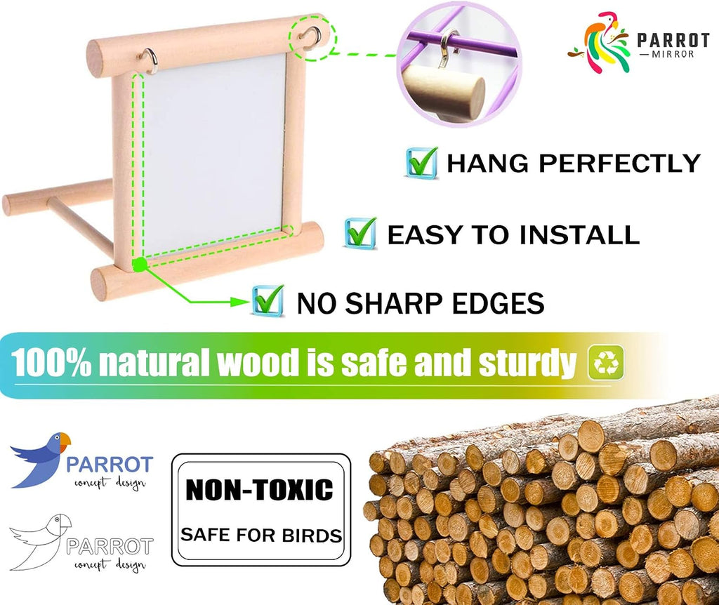 Blessed Family 2 Piece Bird Parakeet Mirror for Cage,Parrot Perch Stand,Wooden Hummingbird Swing Toy,Parakeet Accessories for Cockatiels Conure Finch Lovebird Canary African Grey Macaw