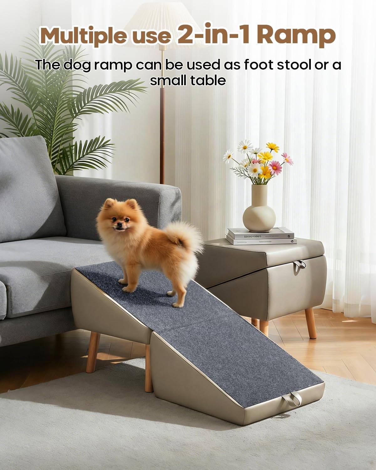 Split Ottoman Dog Ramp for Couch, 17.52" H Dog Stairs for Small Dogs and Cats, Foldable Pet Steps for Puppy and Medium/Senior Dogs,Non-Slip and Portable (Light Yellow)