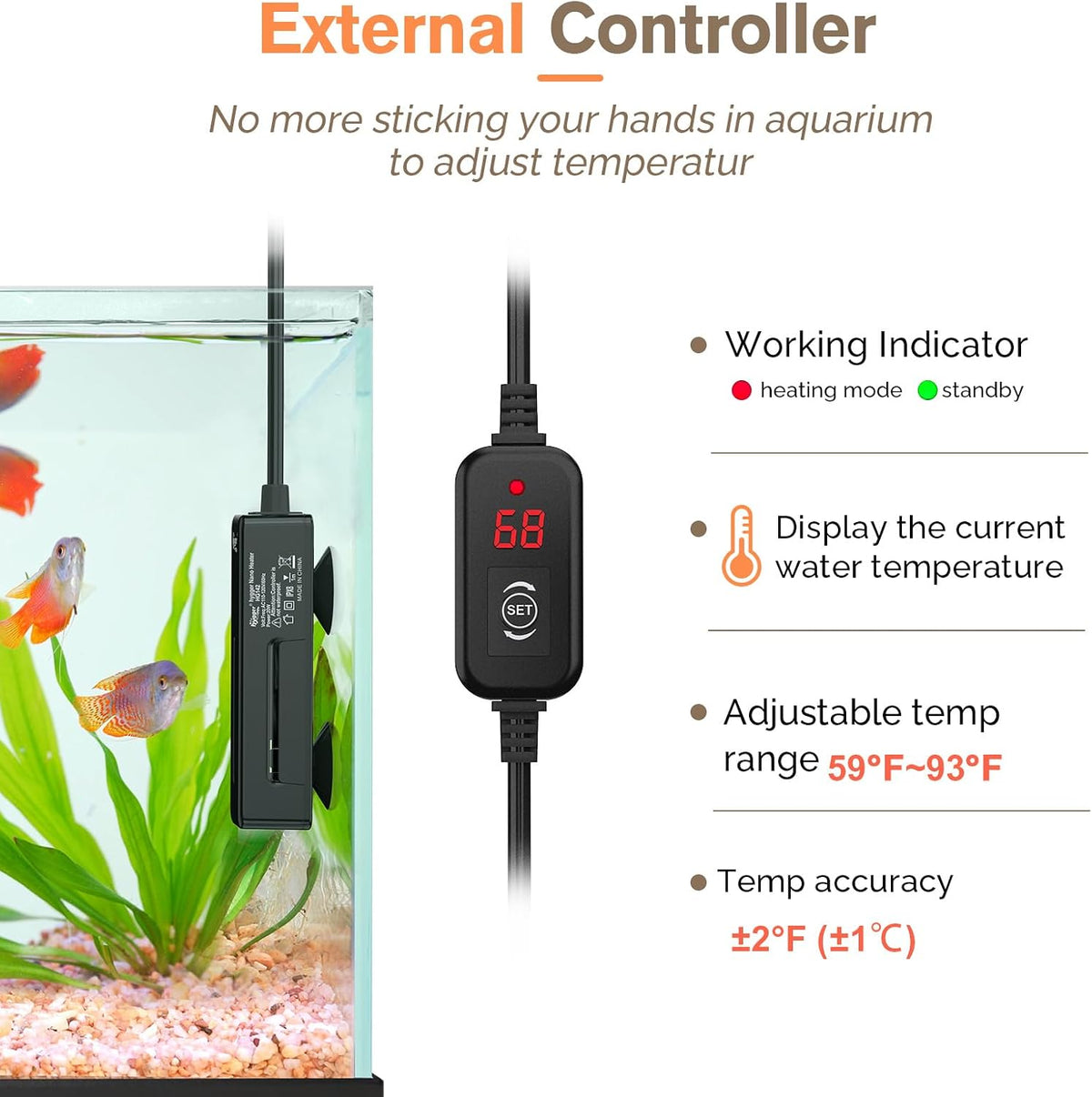 hygger Mini Fish Tank Submersible Heater 50W for 5-10 Gallons Small Betta Aquarium Heater with Digital Display Controller Adjustable Temperature