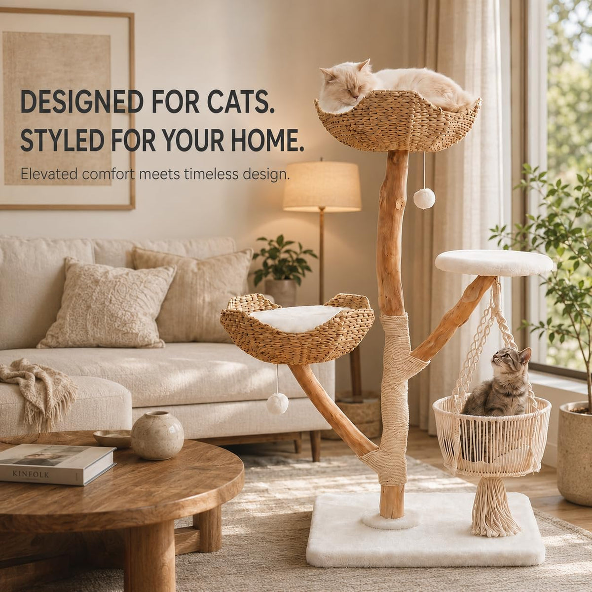 Modern Natural Wood Cat Tree – 45.3-Inch Stable Multi-Level Cat Tower