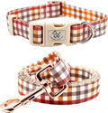 Dog Collar with Leash, Fall Plaid Pet Collar Leash Adjustable Collar for Small Medium Large Dogs Soft Puppy Collars with Quick Release Buckle Girl Boy Dog Collars