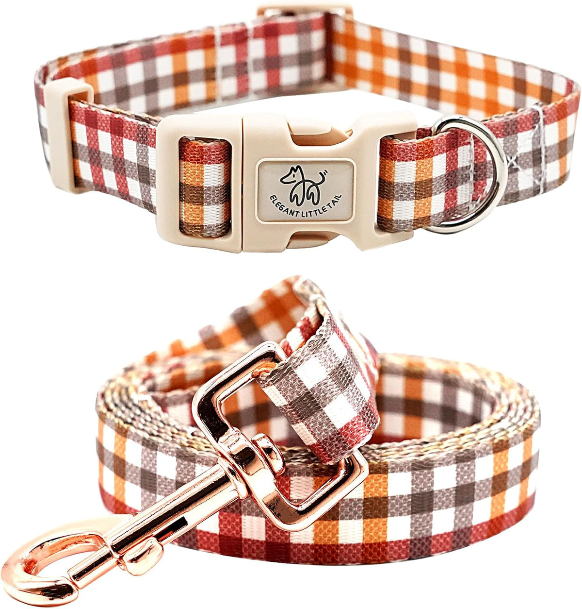 Dog Collar with Leash, Fall Plaid Pet Collar Leash Adjustable Collar for Small Medium Large Dogs Soft Puppy Collars with Quick Release Buckle Girl Boy Dog Collars