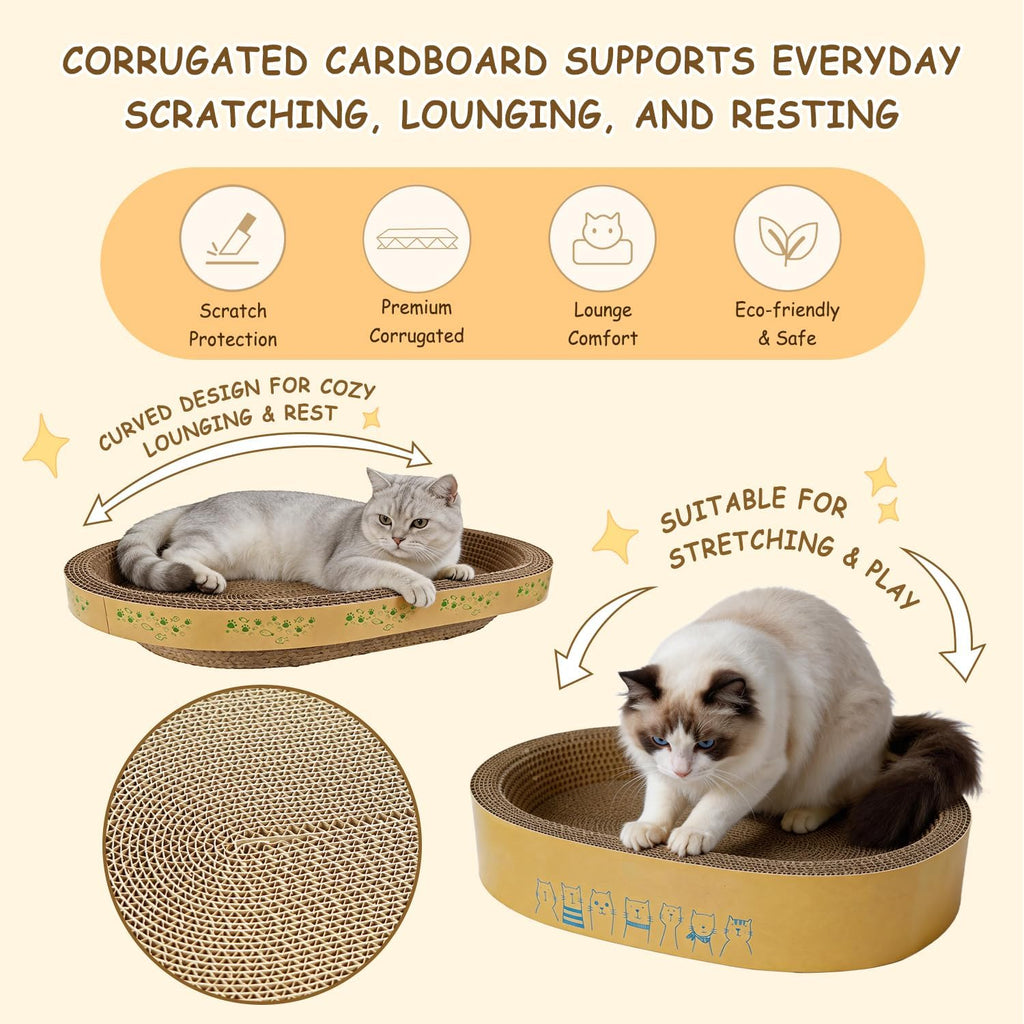 Comoney Cat Scratcher Bed 3 Pack, Oval Corrugated Cardboard Cat Scratch Pads for Indoor Cats with Grooming Brush, Round Cat Scratching Board Lounge Furniture Protector