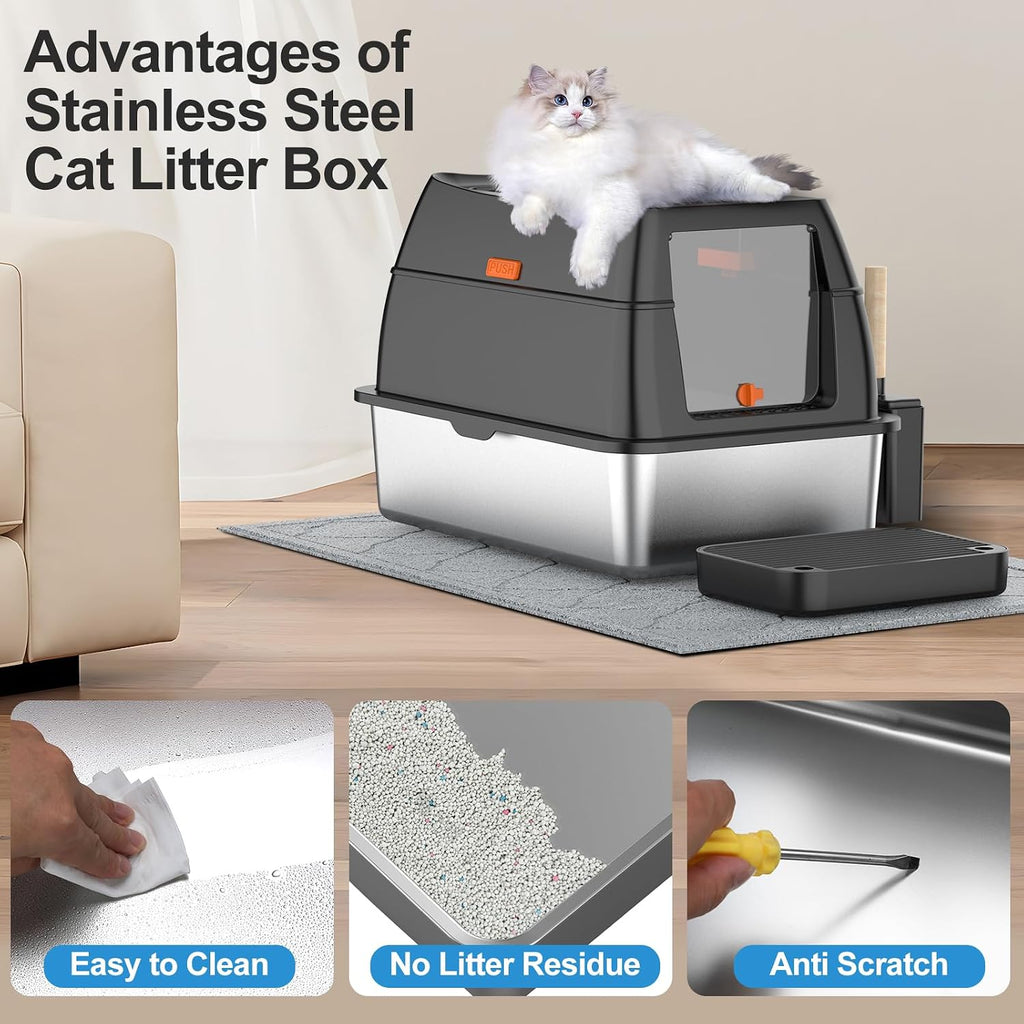 Lobeve Extra Large Stainless Steel Litter Box with Lid, Easy-Clean Pan