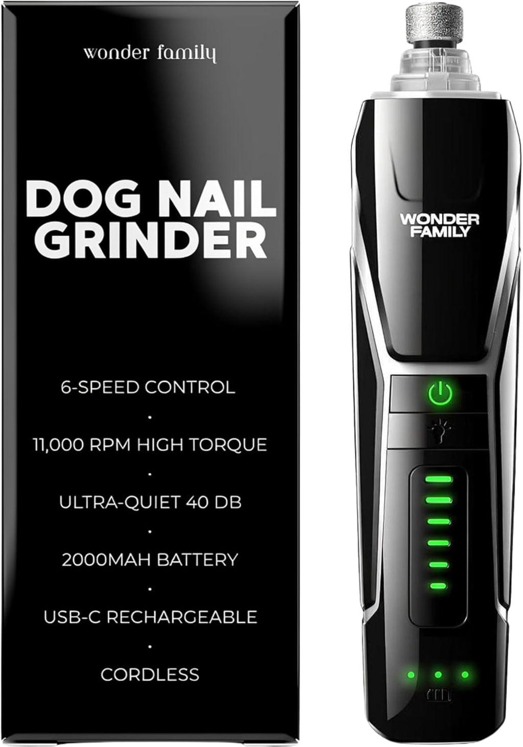 Quiet Dog Nail Grinder with LED Light, 6-Speed Pet Nail Trimmer