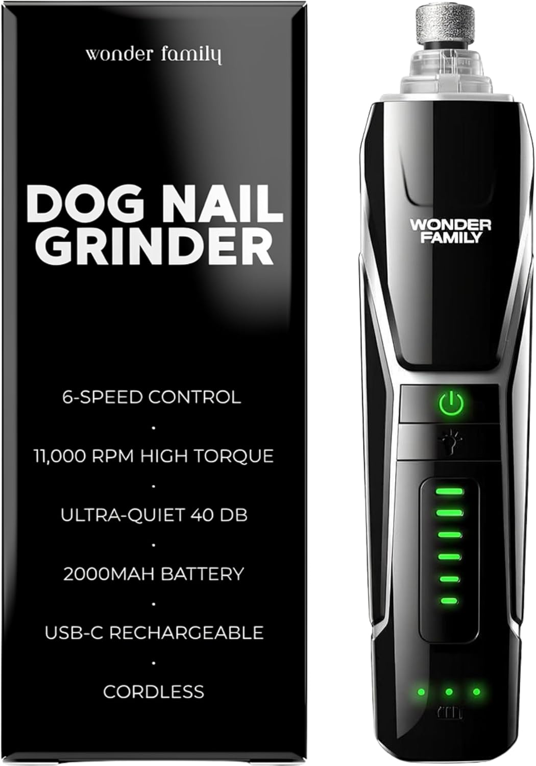 Quiet Dog Nail Grinder with LED Light, 6-Speed Pet Nail Trimmer
