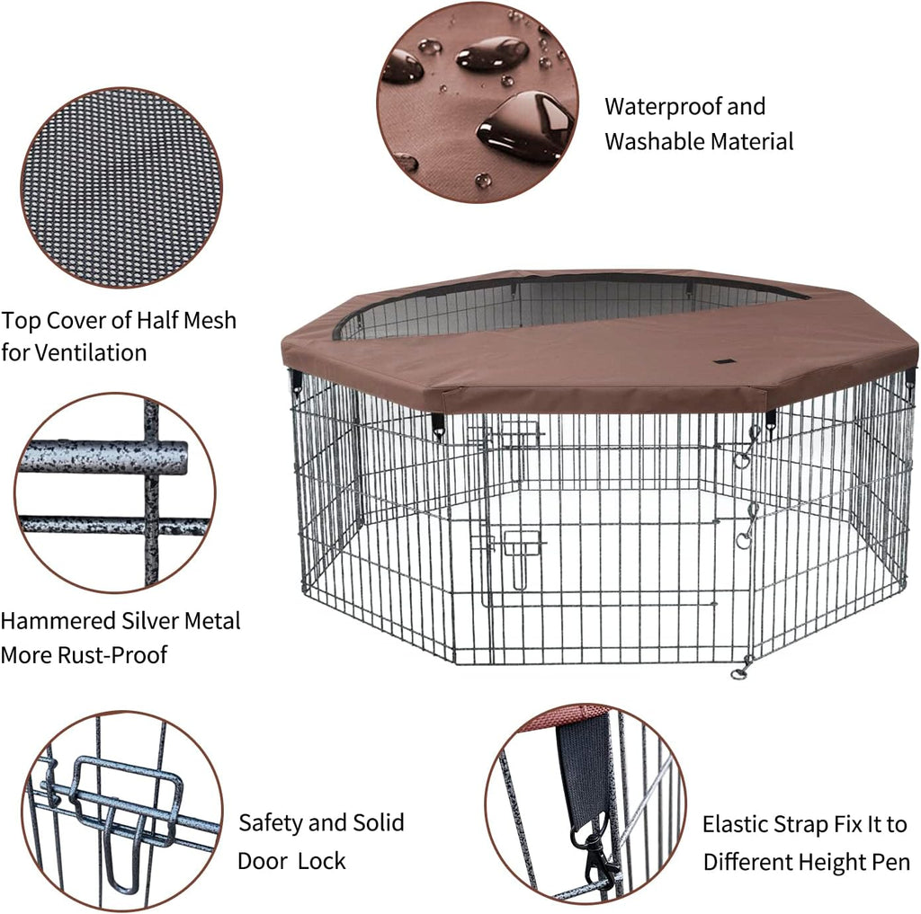 NEZUC Foldable Metal Dog Exercise Playpen Gate Fence Dog Crate 8 Panels 24 Inch Height Puppy Kennels with Top Cover/Bottom Pad for Animals Outdoor Indoor (Playpen+Top Cover, Brown, 24" H)
