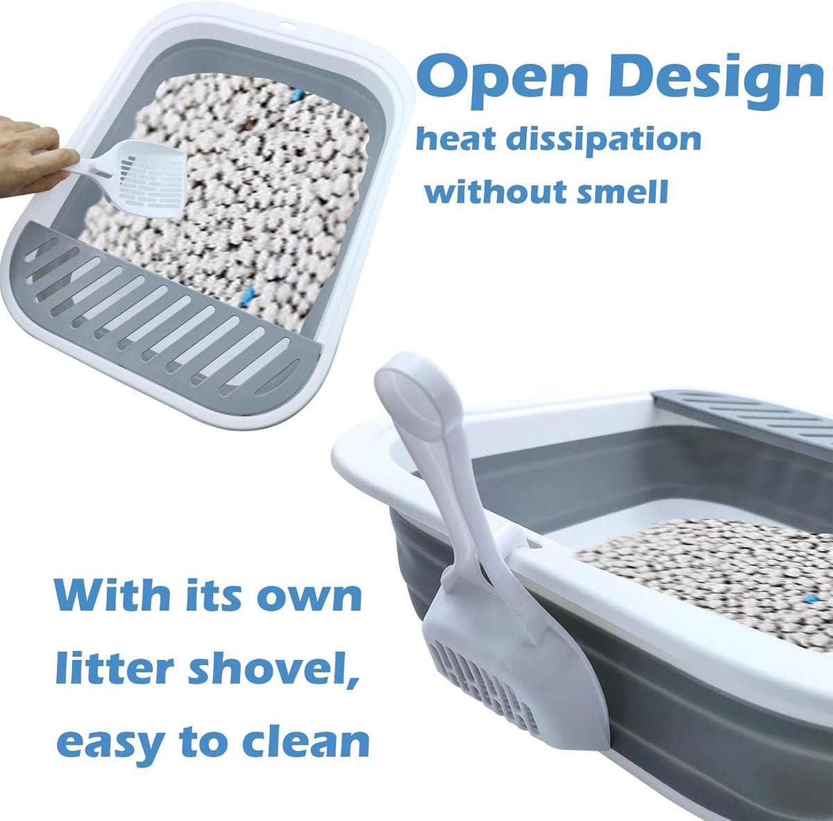 Collapsible Small Cat Litter Box,Open Top Cats Litter Pan with Scoop Waterproof & Foldable Kitten Potty Toilet Anti-Splashing Low Entry Kitty Travel Litter Tray Semi-Enclosed Easy Clean(Gray)