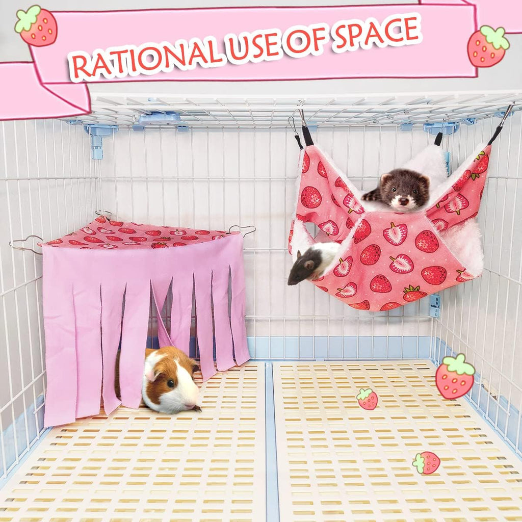LEFTSTARER Pet Small Animal Hanging Hammock Ferret Bunkbed Hammock Cage Toy for Hamster Rat Sugar Glider Parrot Guinea Pig Hideout Play Sleep (Strawberry Hammock and Corner Hideout)