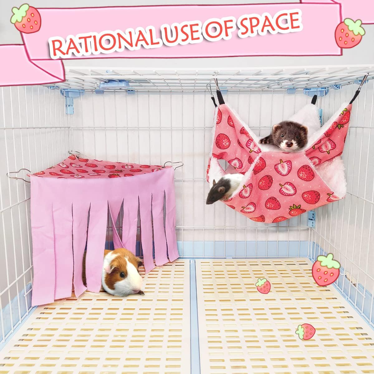 LEFTSTARER Pet Small Animal Hanging Hammock Ferret Bunkbed Hammock Cage Toy for Hamster Rat Sugar Glider Parrot Guinea Pig Hideout Play Sleep (Strawberry Hammock and Corner Hideout)