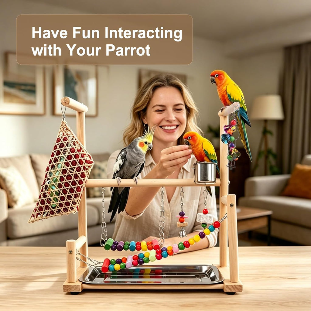 Parrot Playstand Bird Playground, Wooden Bird Perch Gym with Feeder Cups, Swing & Chew Toys, Bird Cage Accessories for Cockatiel Conure Parakeet Lovebird