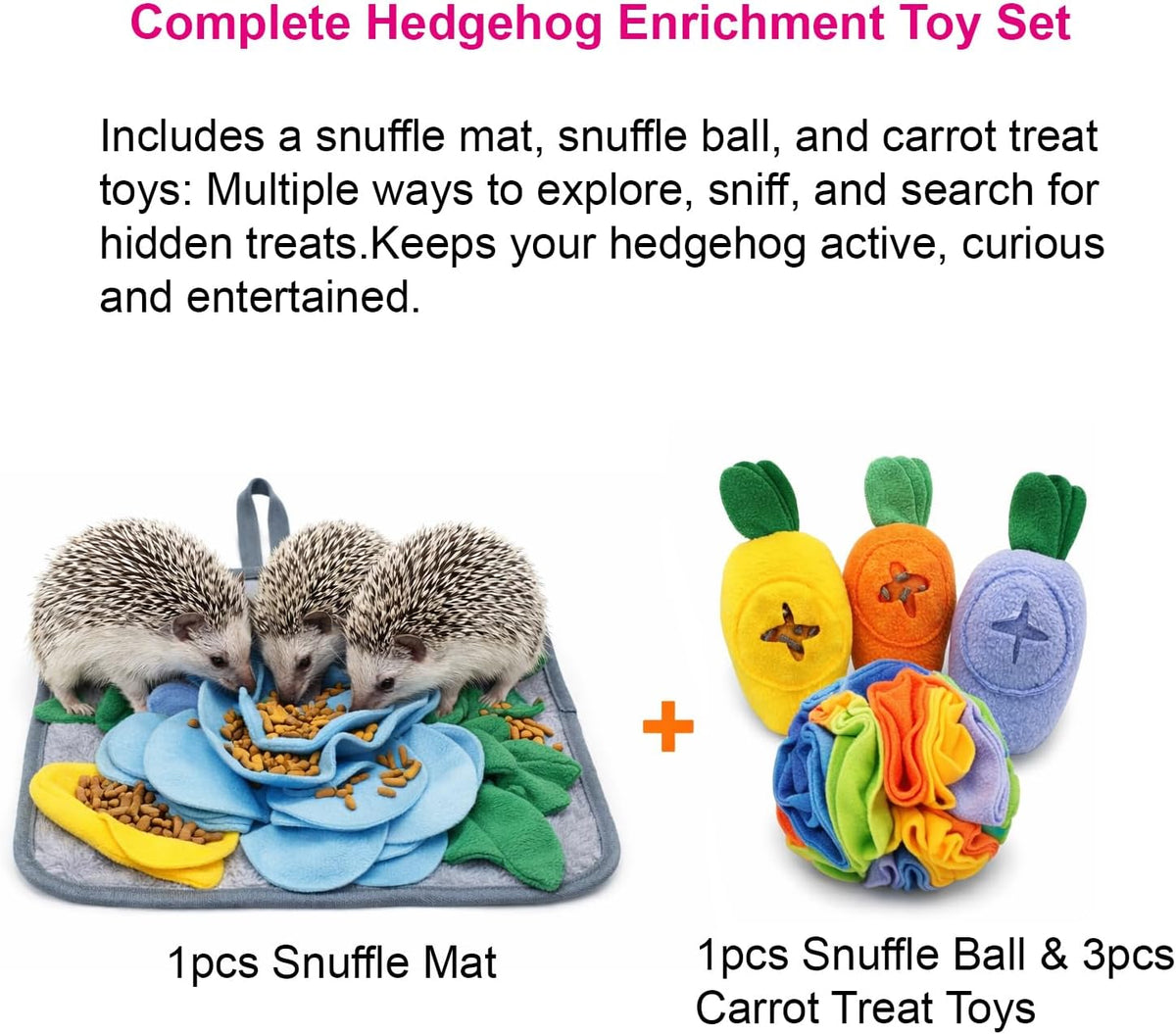5Pcs Hedgehog Foraging Toy – Snuffle Mat, Snuffle Ball & Carrot Treat Toys for Hedgehog Cage Enrichment, Interactive Feeding Toys for Hedgehog, Rabbit & Guinea Pig, Small Pet Foraging Toys