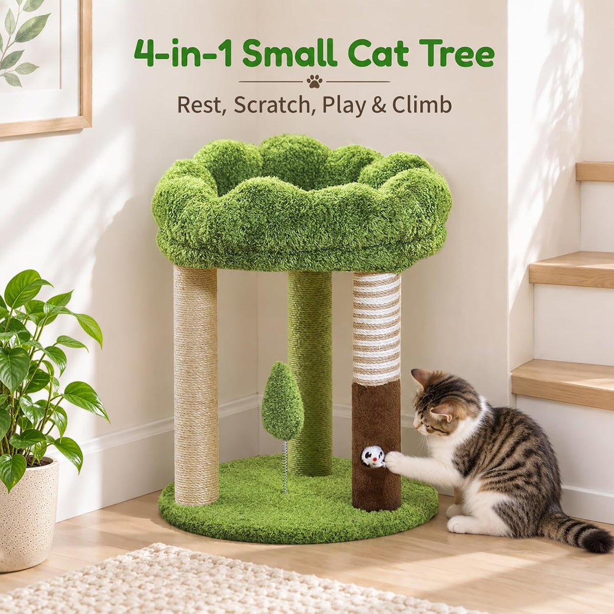 20" Small Cat Tree with 3 Scratching Posts and Perch Bed