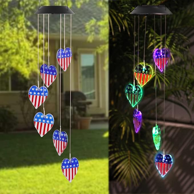 American Flag Solar Wind Chimes, Heart-Shaped Love Patriotic Wind Chime Color - Image 3