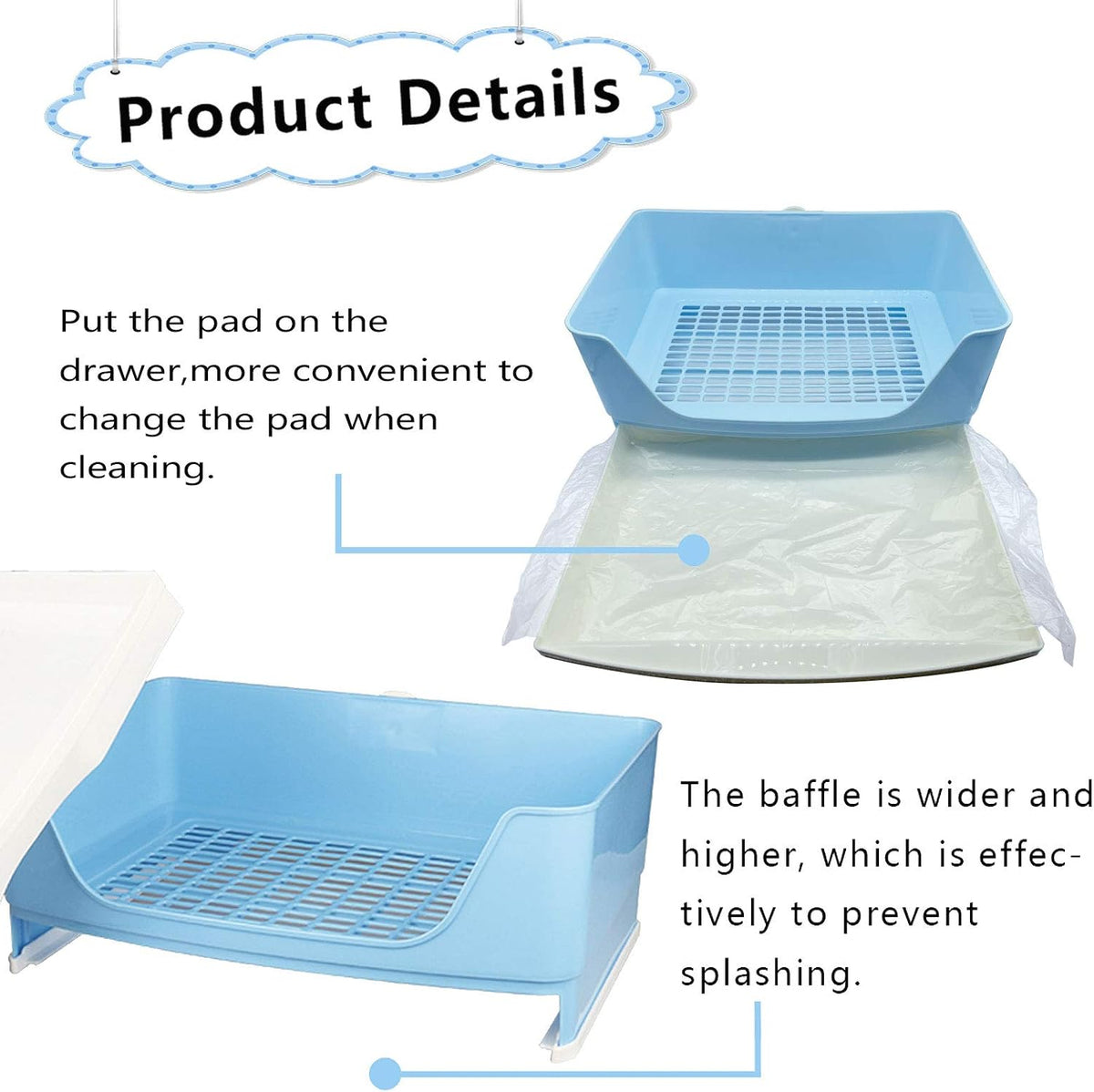 PINVNBY Plastic Rabbit Litter Box with Drawer,Large Bunny Litter Pan(Blue)