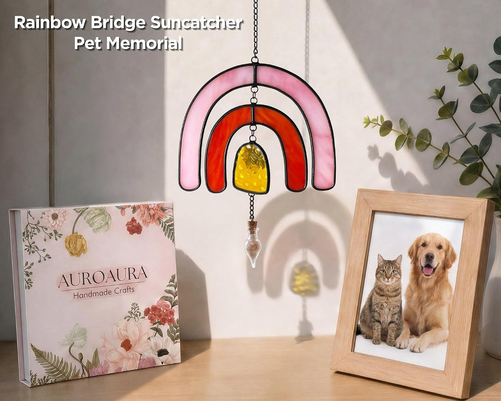 Rainbow Bridge Pet Memorial Gift for Loss of Dog, Stained Glass Jar & Bottle for Fur, Hair, Whiskers or Ashes Keepsake Urn, Sympathy Gift for Pet Bereavement & Remembrance - Pink