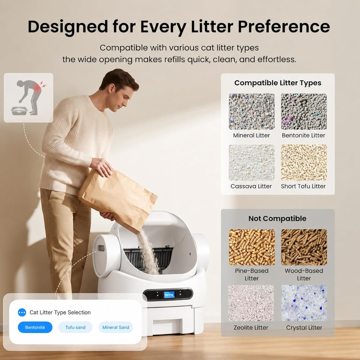 Open-Top Automatic Cat Litter Box, Self Cleaning Litter Box for Multiple Cats, 10 Safety Sensors, Large Capacity with APP Control, Noise&Odor Control Robot, LED Display, Hands-Free, White