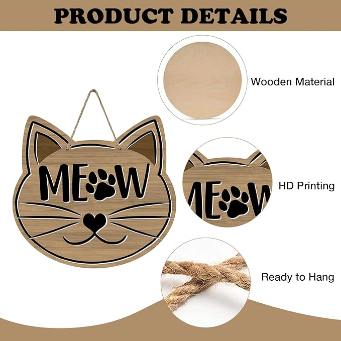 Cute Cat Meow Front Door Sign, Pet Farmhouse Wood Door Hanger Outdoor Outside - Image 3