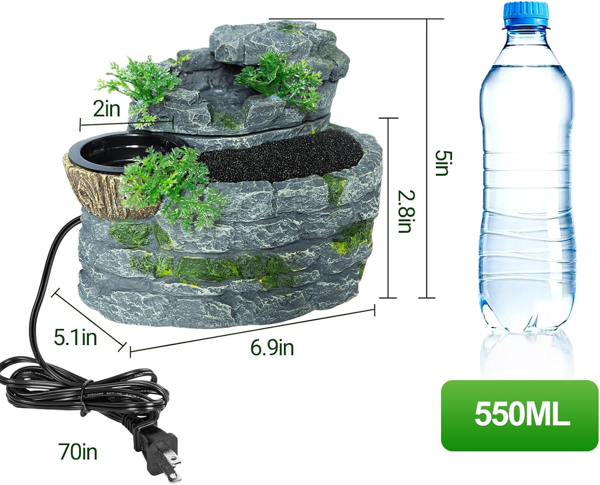 500ML Reptile Waterfall Fountain, Reptile Water Drinking Fountain for Bearded Dragons, Geckos & Lizards – Terrarium Waterfall with Feeding Bowl, Flowing Water, Natural Resin