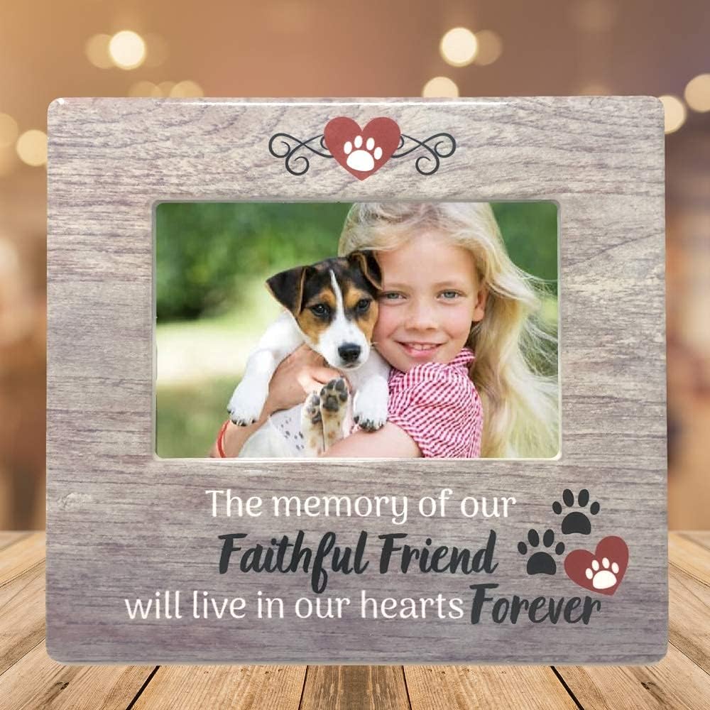 Dog Memorial Picture Frame for Loss of Pet – Pawprints & Hearts Pet Remembrance Frame - Sympathy Quote – “The Memory of Our Faithful Friend Will Live in Our Hearts Forever” – 4x6 Photo - 7.25 x 8 Inch
