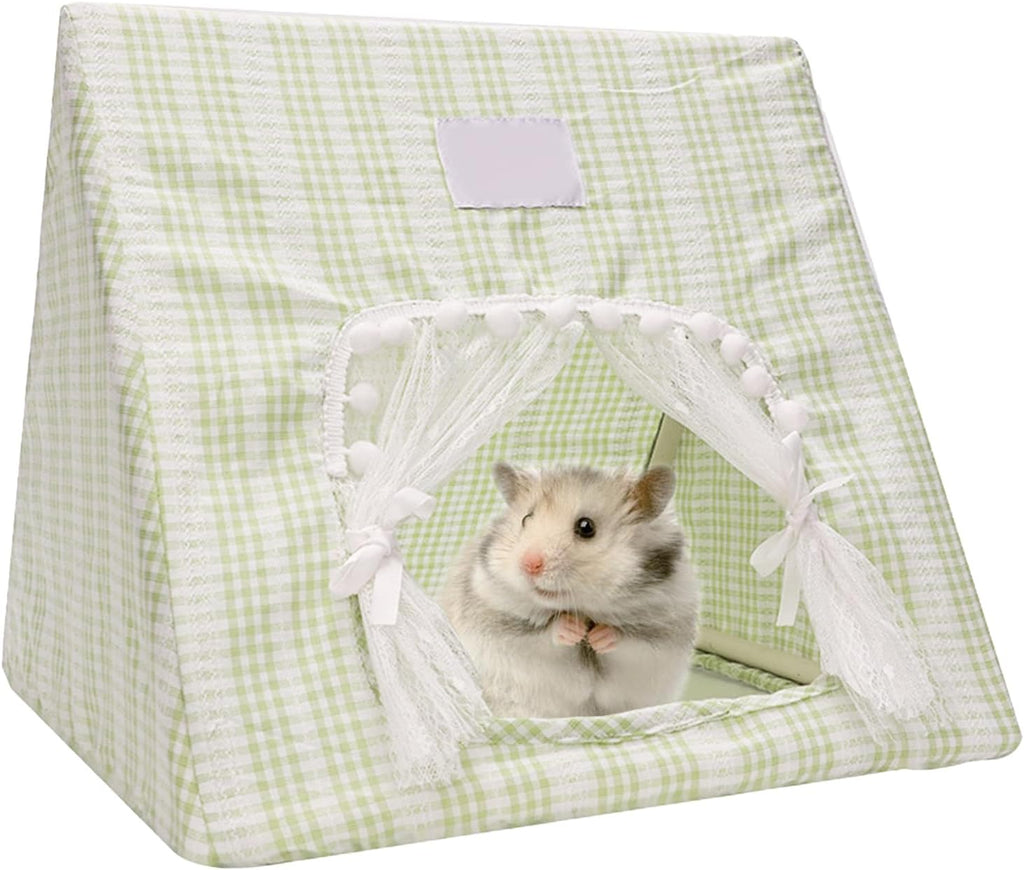 Hamster Hideout Tent with Curtain,Bunny Hideout, Machine Washable Guinea Pig Hide Tent Houses & Habitats, Triangular Hideout Shelter Small Animal Bed,Ferret, Rat, Chinchilla, Squirrel（Green）
