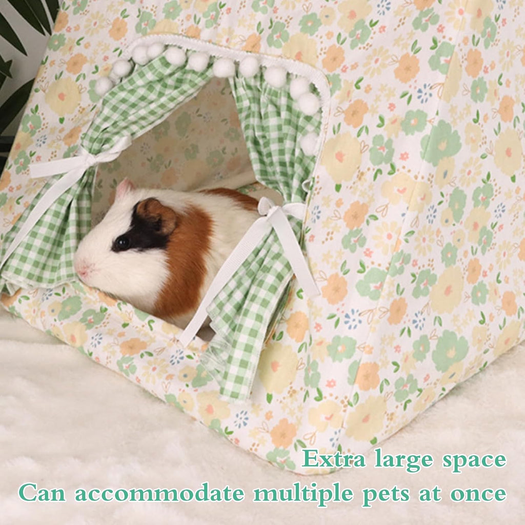 Hamster Hideout Tent with Curtain,Bunny Hideout, Machine Washable Guinea Pig Hide Tent Houses & Habitats, Triangular Hideout Shelter Small Animal Bed,Ferret, Rat, Chinchilla, Squirrel（Green）