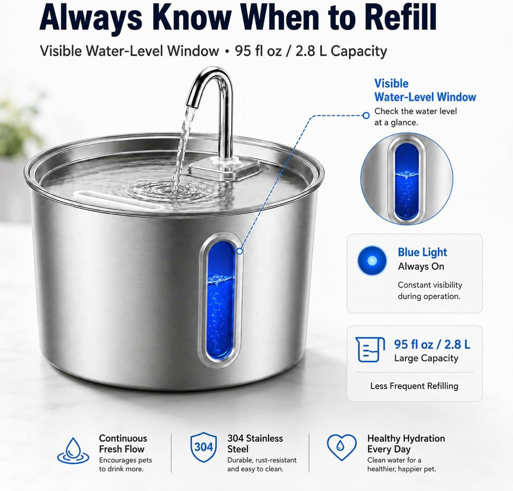 Stainless Steel Cat Water Fountain, 95oz Automatic Pet Water Dispenser