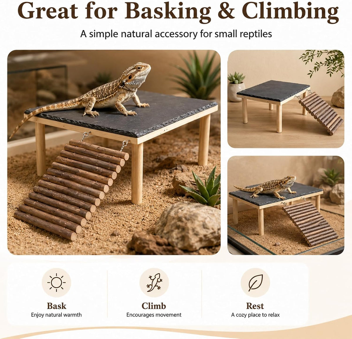 Bearded Dragon Basking Platform with Climbing Ramp, Wooden Bearded Dragon Platform Reptile Basking Platform with Slate Stone for Bearded Dragons Leopard Geckos Lizards Turtles Hamsters A