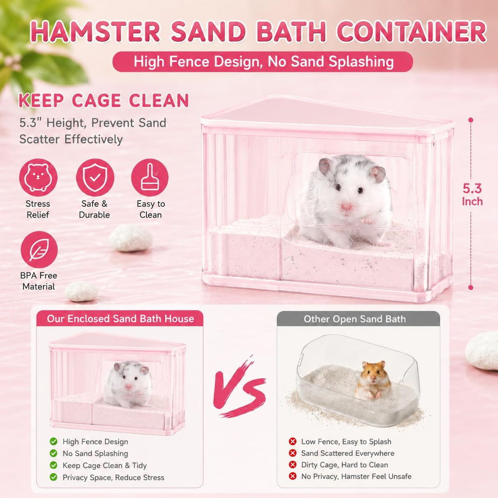 Hamster Sand Bath Container, Large Dust Bath House with Scoop, Pink
