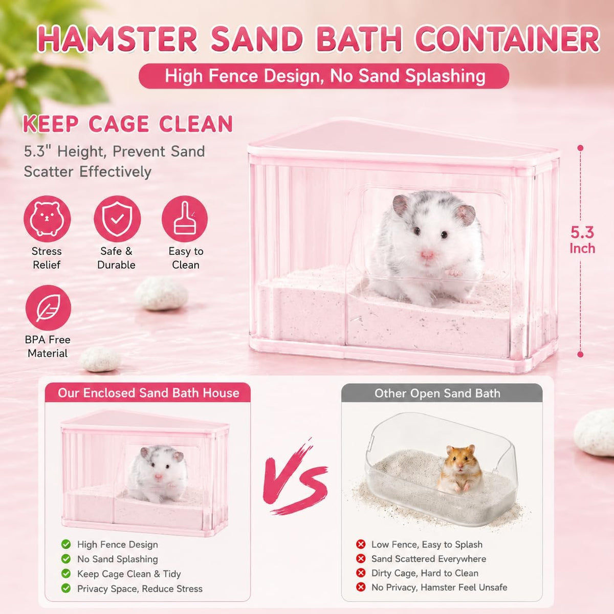 Hamster Sand Bath Container, Large Dust Bath House with Scoop, Pink