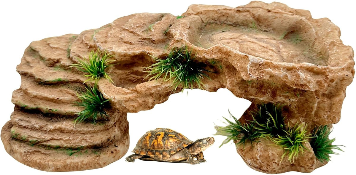 M2cbridge Reptile Hide Resting Step Ledge Cave Hideout Turtle Basking Platform – Great for Reptiles, Amphibians, and Fish (Moss Step Ledge B)