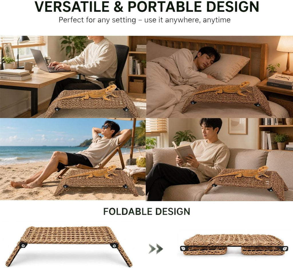 Foldable Bearded Dragon Bed with Reinforced Steel Frame, Adjustable 3-Panel Seagrass Reptile Lounger, Multi-Angle Climbing Ramp, Basking Platform & Lizard Hammock for Reptile Tank Accessories