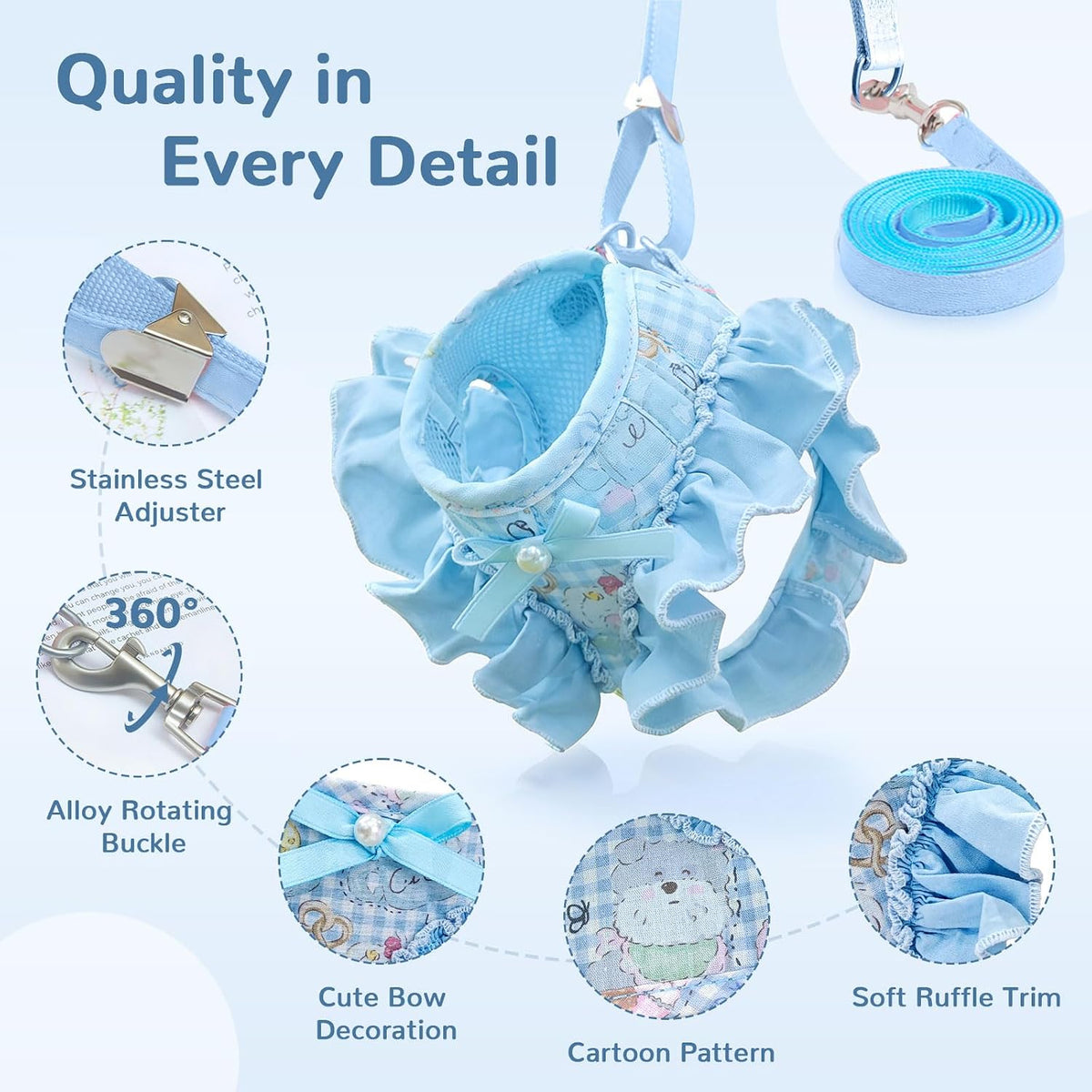 ABRRLO Small Dog Harness and Leash Set,Soft Adjustable Blue Puppy Harness