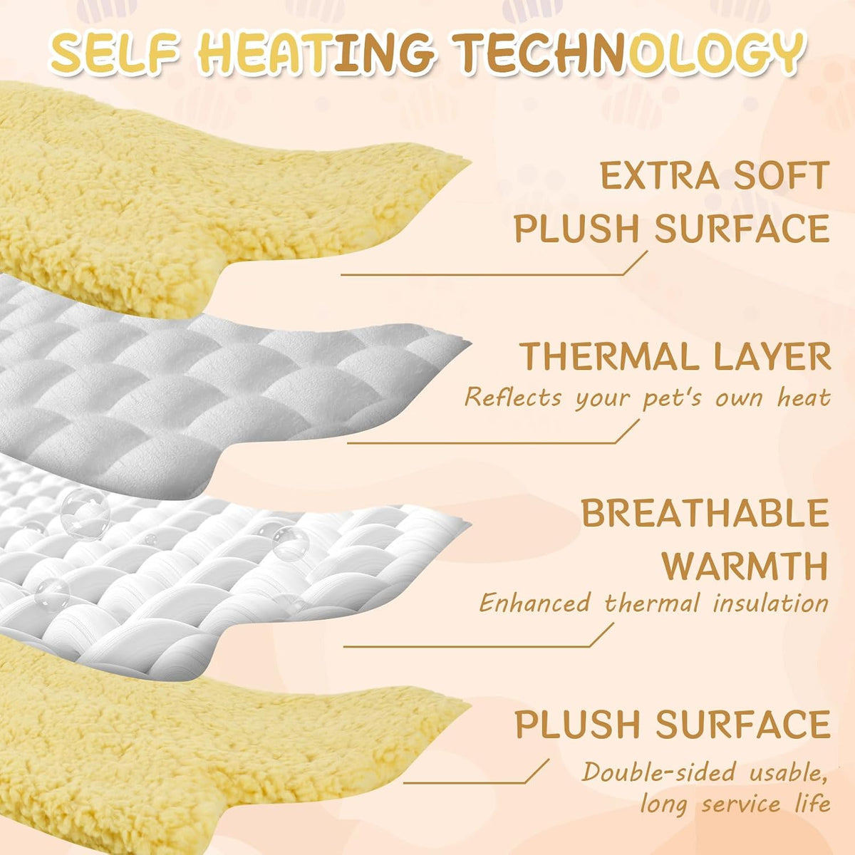 3Pack Self Warming Pet Bed Leaf Pad, Light Yellow, Medium-18 x24