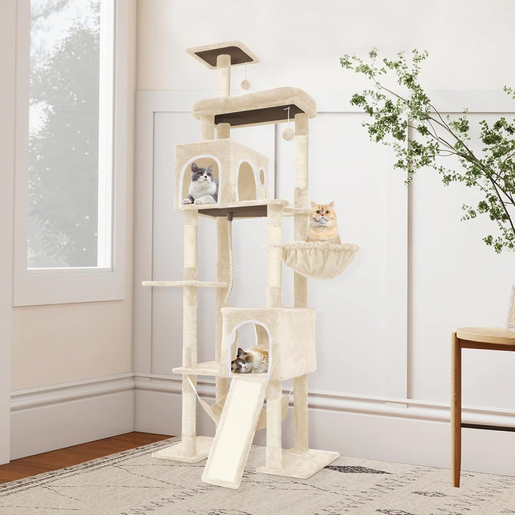 Large Multi-Level Cat Tree,80 Inches Tall with Sisal-Covered Scratching Posts, Condo, Hammock, Dangling Ball, and Extended Platform for Cats to Play and Sleep (Beige)