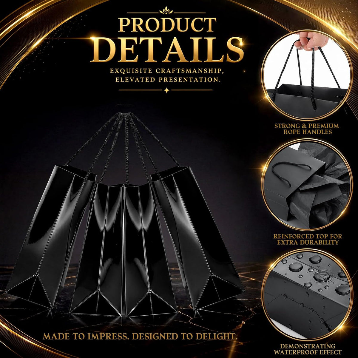12 Pack Black Gift Bags with Tissue Paper, Metallic Finish, Rope Handles