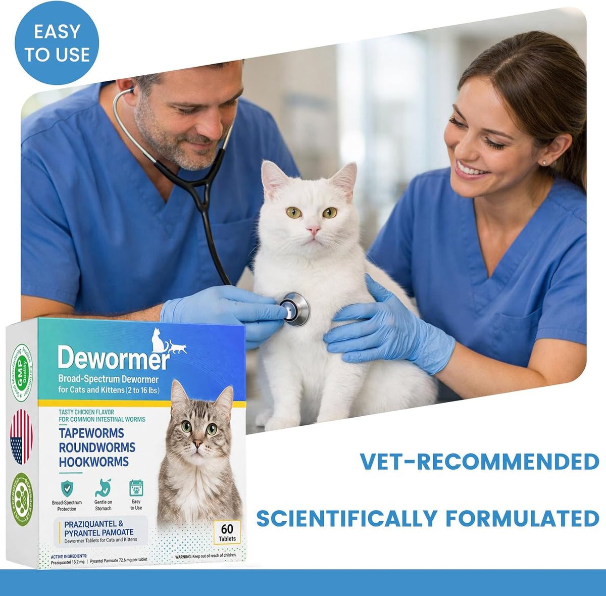 Cats & Kittens Broad-Spectrum Dewormer, Cat Dewormer for All wormers, Tapeworms Hookworms & Roundworms, 60 Tablets