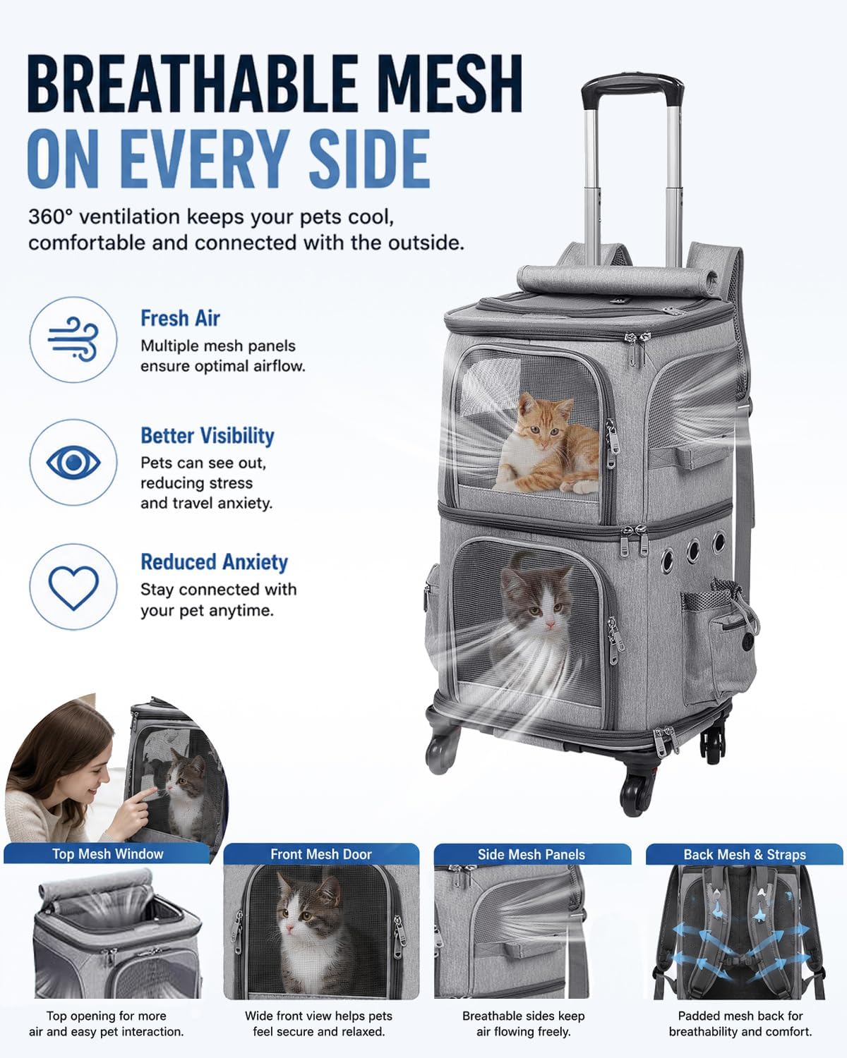 HOVONO Double-Compartment Cat Backpack Carrier with Wheels for 2 Pets, XL