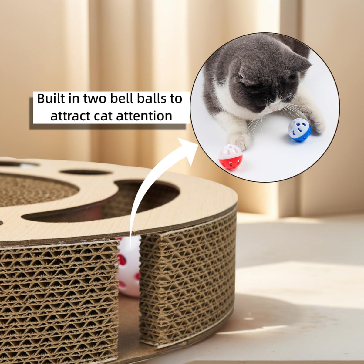 Circular Cat Scratch Board with Balls, Corrugated Cardboard Interactive Toy, 13 Inch Round Grinding Post with Ball Track, No-Shed Design